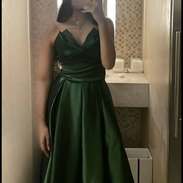 Emerald Green Satin Gown - Strapless A-Line Evening Dress